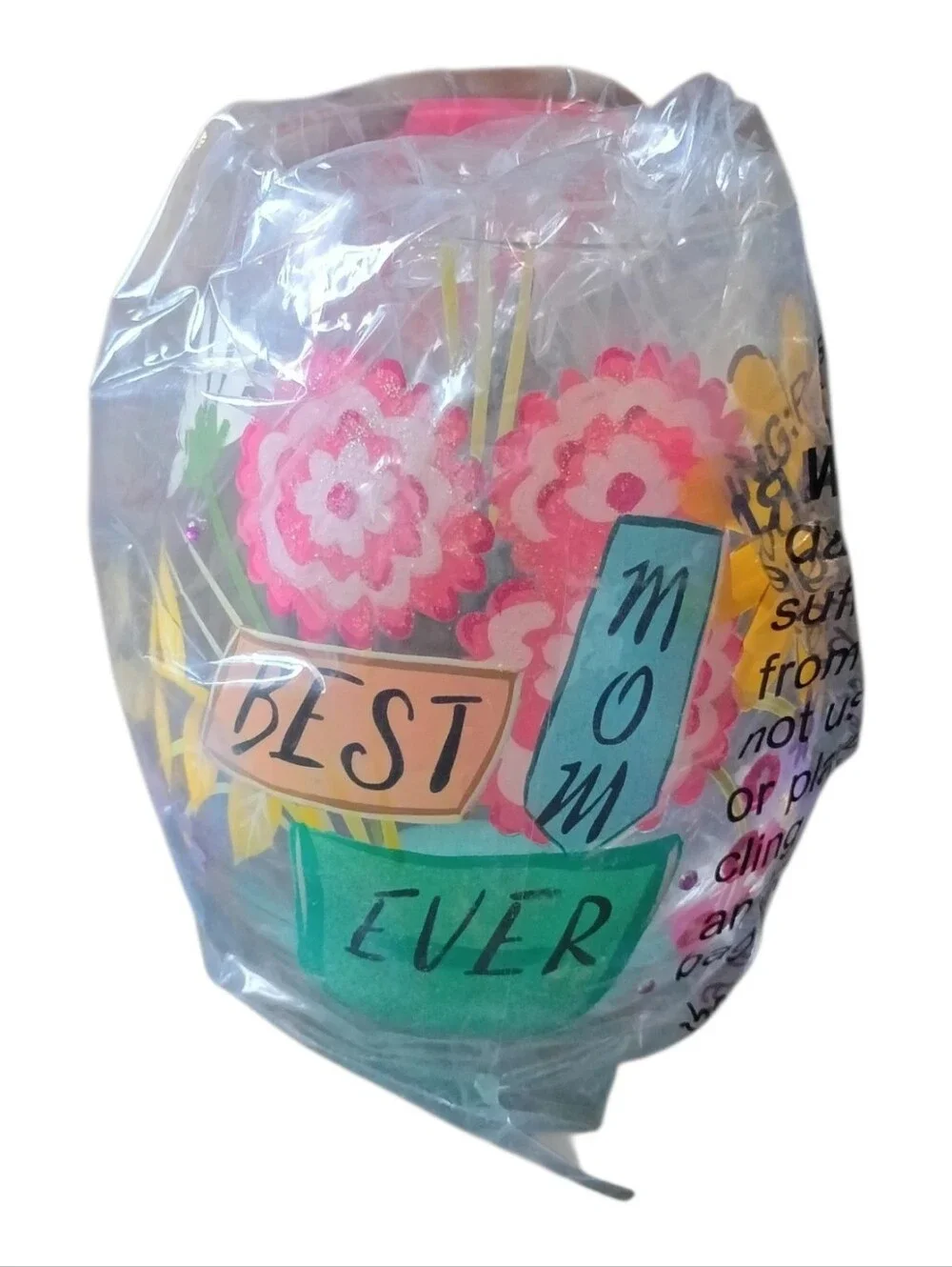 New Lolita Best Mom Ever Hand Painted Stemless Wine Glass Floral Gift 20 Oz